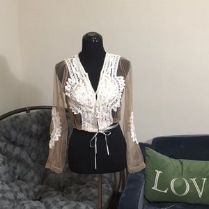 sheer nude and white Crop top